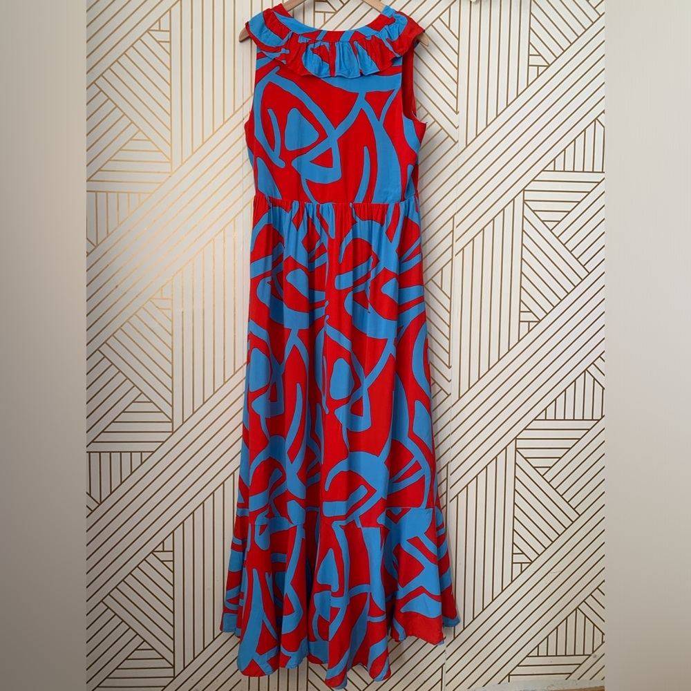Sugarlips Ohana Bayla Deep V Maxi Dress ruffle abstract floral leaves 100% Rayon - Picture 6 of 8